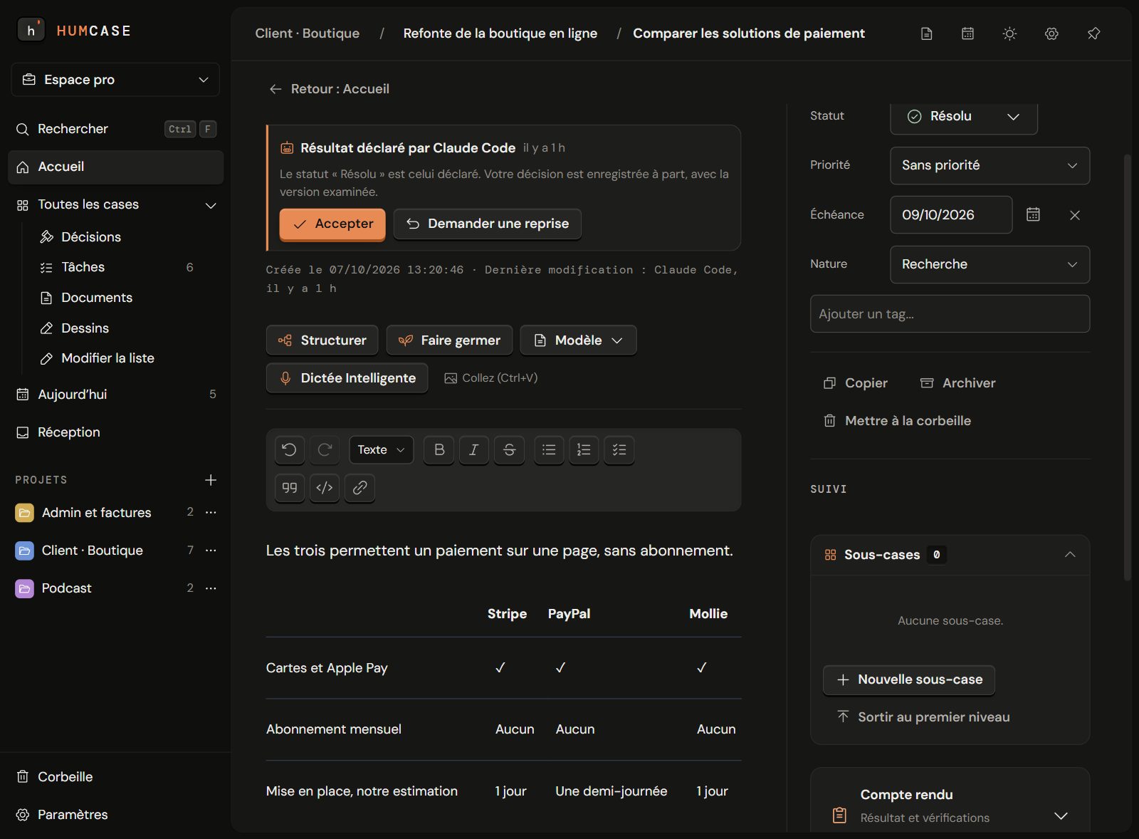 Une case de recherche de Claude Code qui compare des solutions de paiement : un tableau comparatif et les boutons Accepter et Demander une reprise