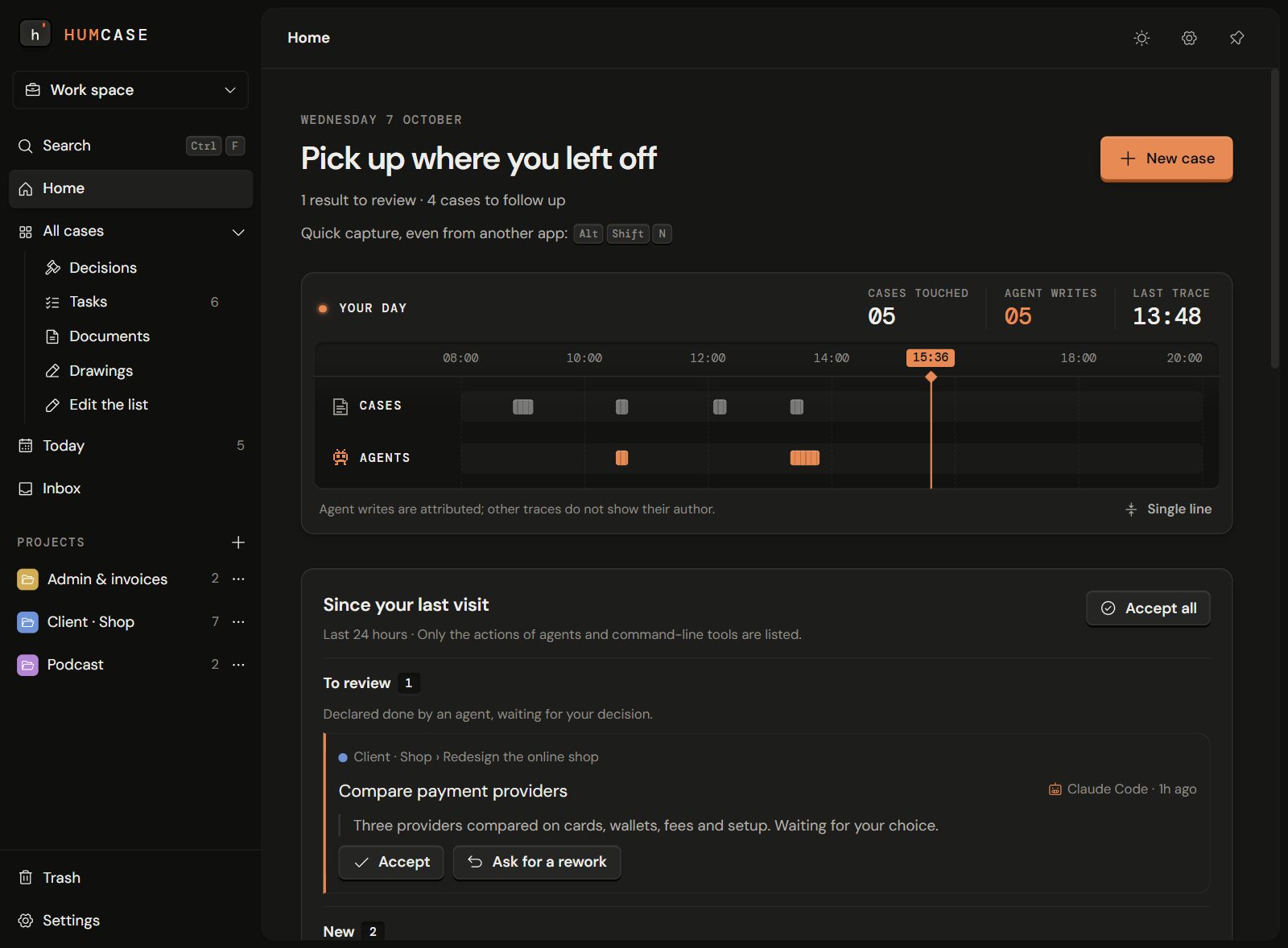 Humcase home, work space: your day on a timeline of cases and agent writes, and a result from Claude Code waiting for your decision